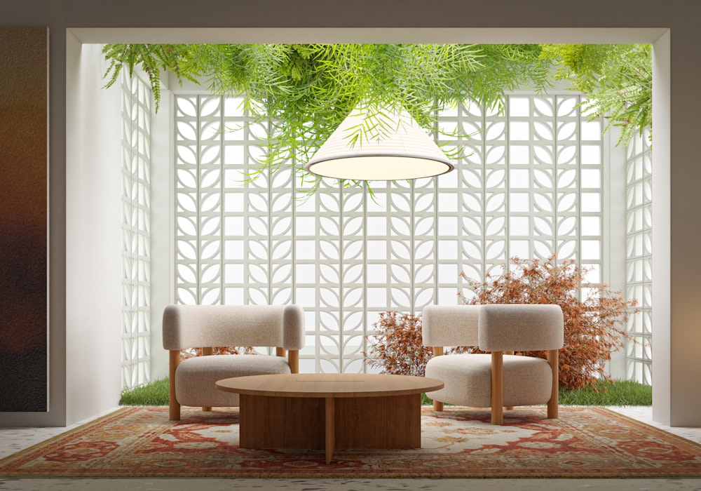 A serene sitting room behind a white breeze-block screen with hanging ferns