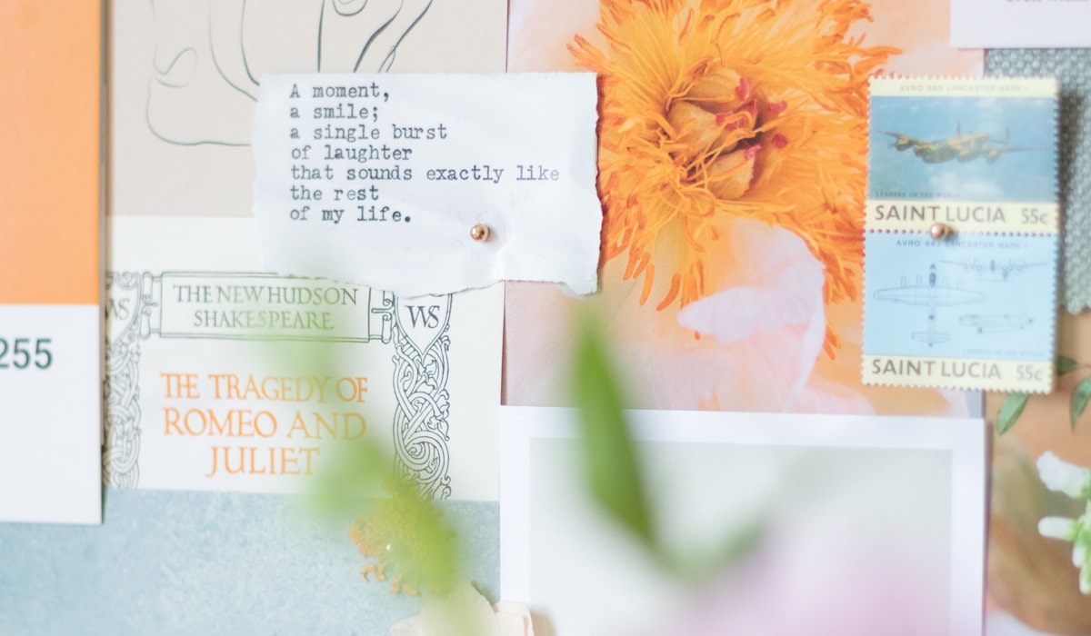 A wall of pinned interior inspiration: clippings, swatches and photographs